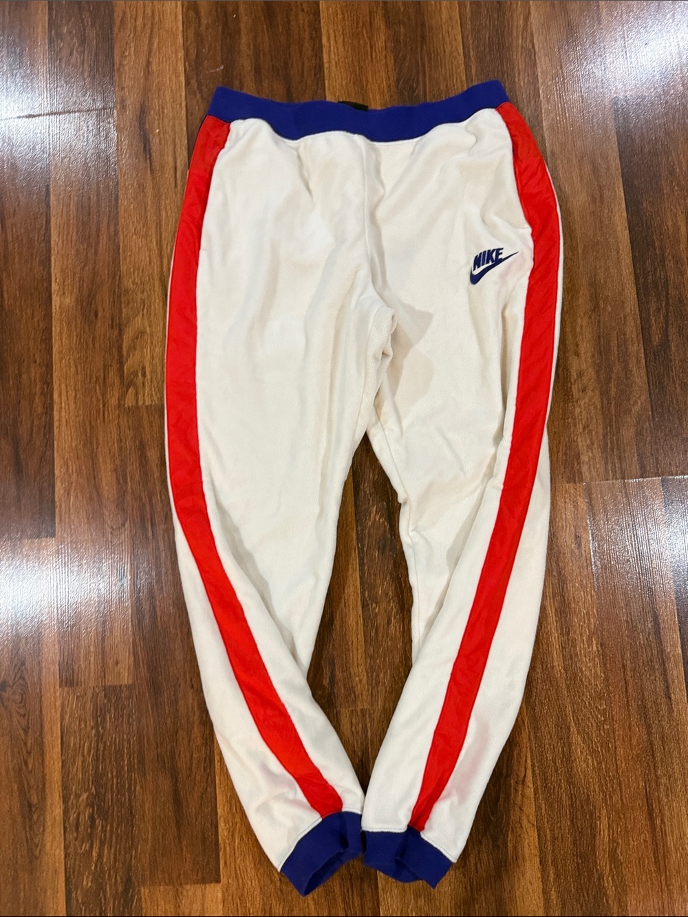 Men’s Nike White Sweatpants with Red Side Stripes and Blue Trim